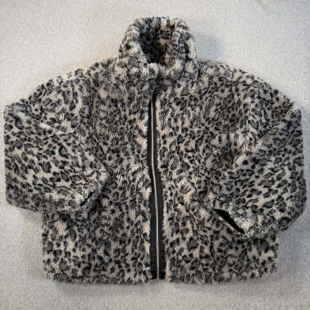 Lucky Brand Women's XL Faux Fur Leopard Print Jacket Full Zip Gray Black Fuzzy